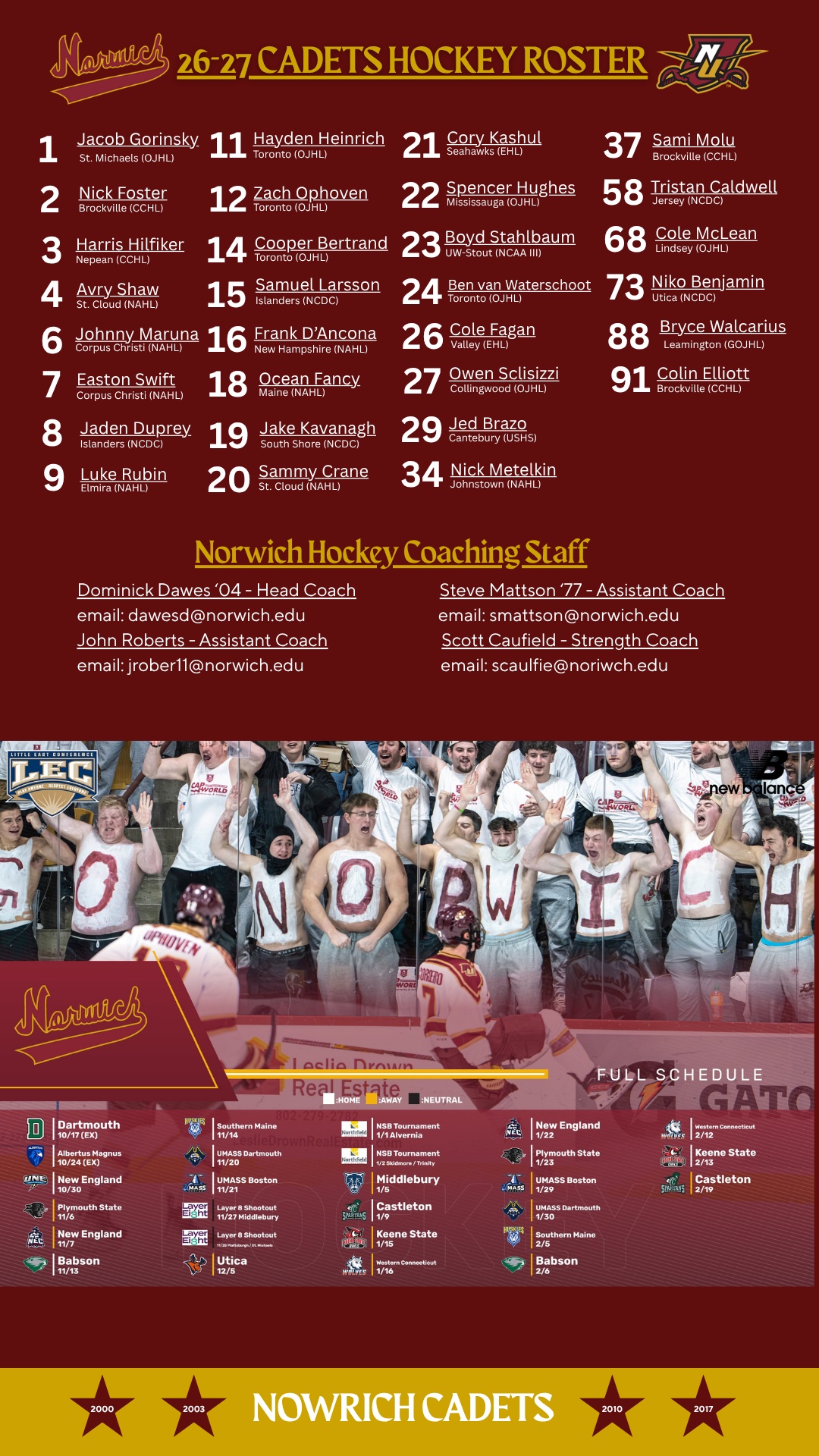 2026–27 Cadets Hockey roster, coaching staff and game schedule